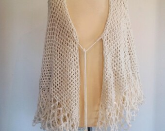 White Poncho, Vintage 1970's Knit Shawl, Handmade Knitted Poncho, Shawl, Tasselled Blanket Wrap