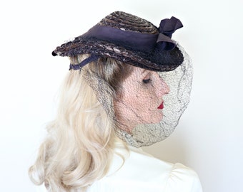 Vintage 1940s Hat / Tilt Hat / New Old Stock / Straw / Navy Blue / Veil