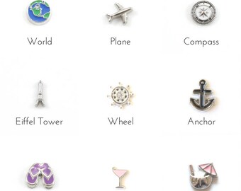 Travel and Tree Charms, Tree Charm, Compass Charm, World Charm, Aeroplane Charm, Sun Charm, Eiffel Tower Charm, Distance Charms, Travelling