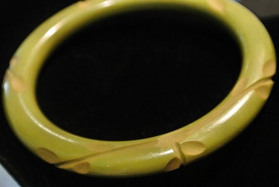 Olive Green Carved Bakelite Bangle