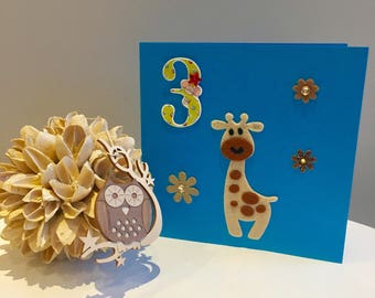 Handmade 3rd birthday card with giraffe
