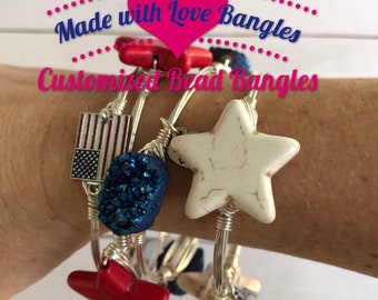 Three Stone Wire Wrapped Bangle *Bracelet Stackable Bangles *Possible Set if 4•Gemstone Bangle*Red,White and Blue Jewlery•4th of July