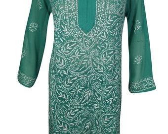 Womens Ethnic Indian Long Tunic Beautiful Floral Embroidered Georgette Cover Up Dress M