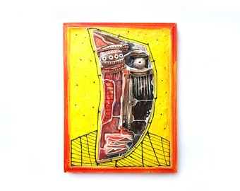 3D wall sculpture, Yellow sculpture, Weird sculpture, Modern ceramics, Abstract face, Yellow face, Crazy art, Ceramic wall art, by 99heads