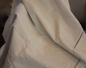 French vintage linen bedsheet, French vintage marriage sheet, French monogrammed bed sheet, French vintage linens, French Bed linens,