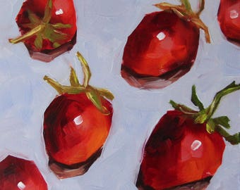 Strawberries original oil painting, still life painting, boba painting