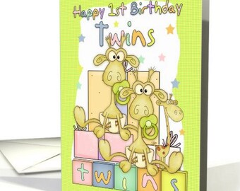 Twins First Birthday Card - Two Little Giraffs card - Birthday Card For Twins