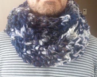 Snood 2 turns adult mixed blue/white/gray tones handmade