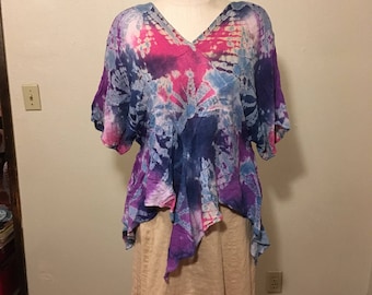 vintage 90s tie dye batik womens v neck peek a boo bohemian hippie billowy blouse shirt