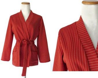 70s Wrap Cardigan Jacket 1970s Cardigan Polyester Striped Rust Red Boho Bohemian Hippie Hipster Size Medium M