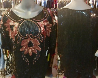 1980s sequined, silk top, dropped shoulder top, sequined top. Size S/M.