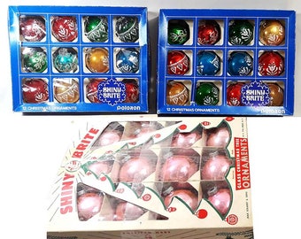 36 Antique Shiny Brite USA Mercury Glass Mica Christmas Ornaments In Box