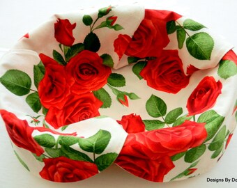 Basket Liner, Table Topper, Centerpiece, Bread Cloth, Large Red Roses with Green Leaves on a White Background, Handmade Table Linens
