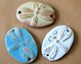 3 Ceramic Dragonfly Link Beads - 2 Holed Bracelet Beads - a Rustic Selection of Neutral Rust and Rustic Sky Blue Connectors - Summer Beads