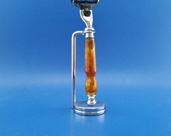 Handcrafted Razor Handle and stand, Acrylic, chrome, Mach3 or Fusion