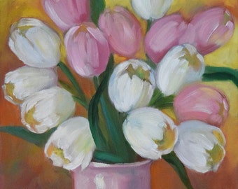 Pink And White Tulip Still Life Painting,Original Oil on Canvas by Cheri Wollenberg