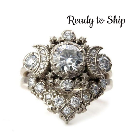 Ready to Ship Size 6-8 Diamond Cosmos Moon Engagement Ring Set - Moissanite and Diamonds 14k Palladium White Gold Wedding Rings