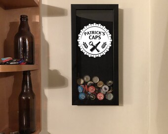 Bottle Cap Holder Shadow Box - Custom Name Bottle Caps - Black (6" x 14") - Vinyl Decal Gifts, Home Bar Accessories