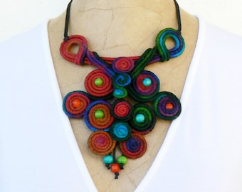 Statement necklace bib, Spiral choker, Wire wrapped Bib, Whimsical Short necklace, Wearable art jewelry Unusual Green turquoise red blue bib