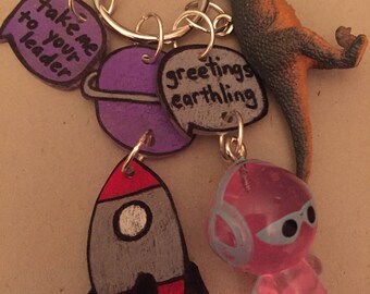 Alien and dinosaur shrink art charm necklace