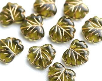 10pc Olive green leaf beads, Maple glass leaves, Olivine czech beads, Golden inlays - 11x13mm - 0466