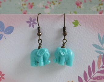 Elephant Earrings, Turquoise Blue Elephant, Antiqued Brass Wire Wrapped, Teal Blue Elephant, Dangle Earrings