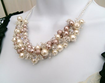 Mink Pearl and Rhinestone Beaded Necklace, Bridal Jewelry, Taupe, Cluster Necklace, Chunky Necklace, Bridesmaid Gift, Pearl and Crystals