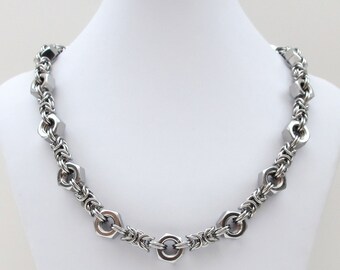 Stainless steel necklace, hex nut chainmail necklace for men, stainless steel jewelry