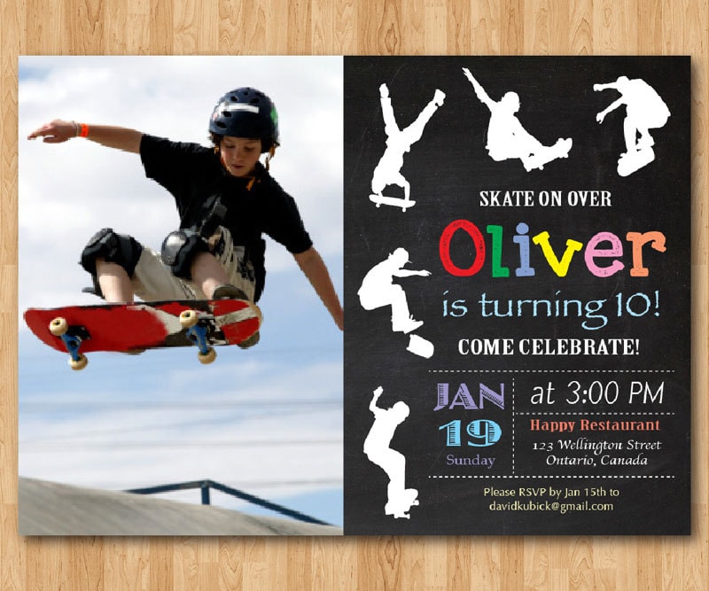 Skateboard Birthday Invitation. Boy Skating Theme Party