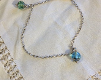 925 Vintage Silver Bracelet w/ Blue/Green Dangling Glass Beads