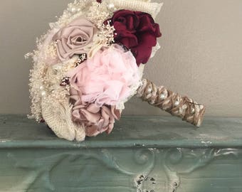 Shabby Chic Blush Pink and Champagne silk with apple satin and Ivory Burlap Wedding Bouquets (listing is for one bridal bouquet)
