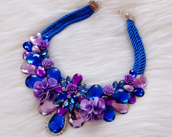 Beautiful handmade bib statement necklace with purple and royal blue acrylic gemstones, gift for her, wedding, bridesmaid jewelry, summer