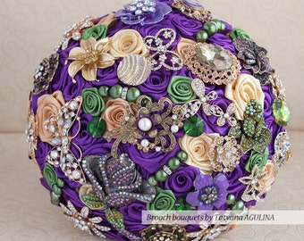 Brooch bouquet. Purple, Green and Gold wedding brooch bouquet, Jeweled Bouquet.
