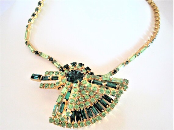 Green Rhinestone Necklace, Two Tone Green, Emerald Shaped Stones, Fan Pendant Necklace