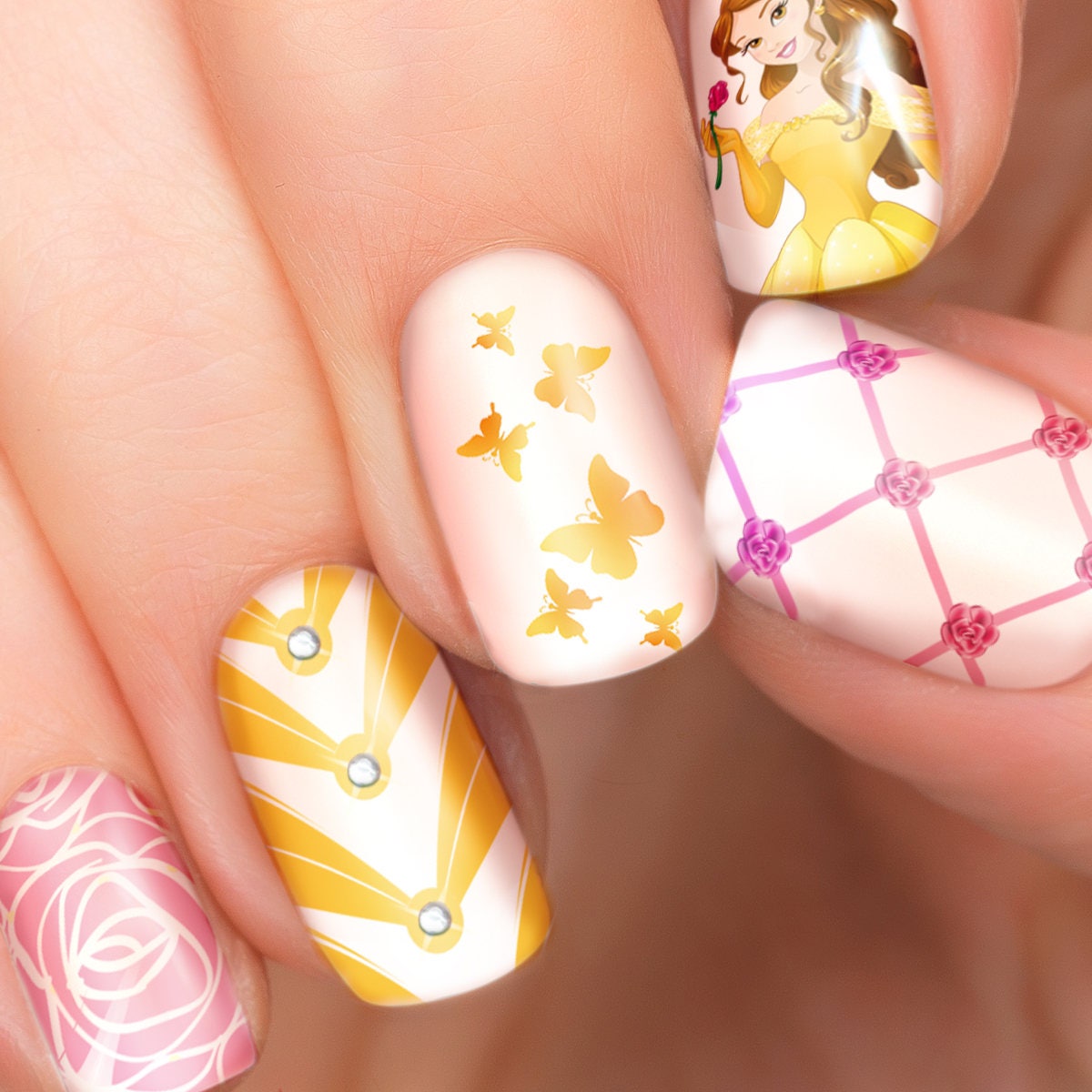Belle Disney nail transfers illustrated nail art decals