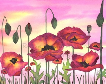 Purple Passion - Print of Purple and Yellow Poppies with Pink and Yellow Sky