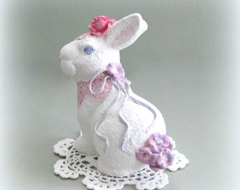 White Rabbit Figurine Ceramic Rabbit Bunny Figurine Bunny Rabbit Figure Shabby Chic Victorian Easter Rabbit Statue Clay Flower Sculpture