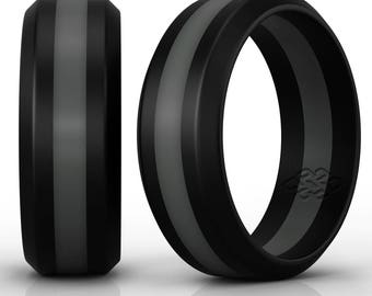 Silicone Wedding Ring Band by Knot Theory - Black with Dark Grey Stripe - 8mm Lightweight Sleek Design