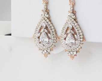 Rose Gold Bridal Earrings Chandelier Wedding Earrings Swarovski Crystal Art Deco Earrings Vintage Bridal Jewelry Mixed Metal Earrings ZOE