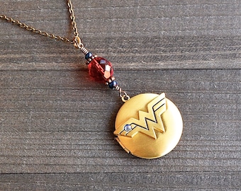 Wonder Woman Gold Locket Necklace Superhero Comic Charm Blue & Red Glass Bead Justice League Fans Megacon Comic Book Lover Pendant