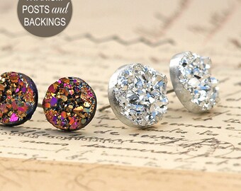 Autumn Pink, Gold and Silver Faux Druzy Stud Earrings on Titanium Posts, 2 Pair Set of Resin Glitter Studs