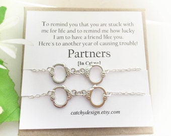 Best friend gift-Set of -2-Partners in crime bracelets,Handcuff bracelet,BFF,with Friendship Quote,Long Distance Friend,Christmas gift