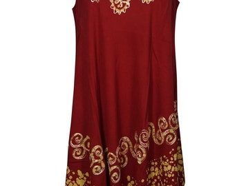 Boho Chic Gypsy Hippie Tank Dress Maroon Batik Embroidered Sleeveless Rayon Loose Sundress