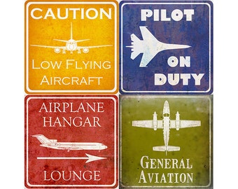 Vintage Aviation Hangar Signs - Four 10x10" Prints