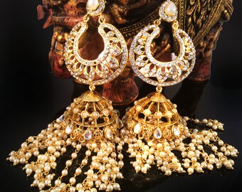 Large kundan jhumkas-Kashmiri jhumkas-Pearl jhumka earrings-chandelier-Red Jhumka Earrings--Long dome earrings by TANEESI