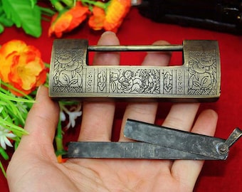 Aged Chinese Padlock - Brass Rosewood Jewelry Box Wedding, Plug Key Lock - Internal 1.97”(50mm) - v34