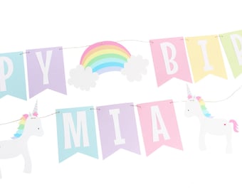 Pastel Rainbow Unicorn Birthday Banner - Pastel Rainbow Birthday Banner - Unicorn Birthday - Rainbow Name Banner - Unicorn Name Banner