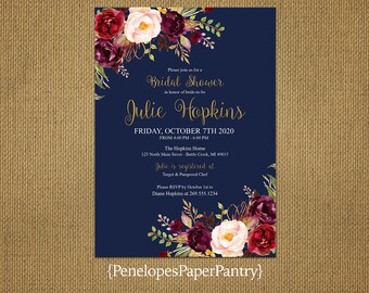 Elegant Rustic Fall Bridal Shower Invitation,Navy,Burgundy,Marsala,Blush,Gold Print,Rustic,Personalize,Custom,Printed Invitation,Envelopes