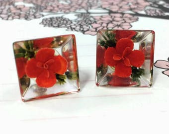 Vintage Red Reverse Carved Lucite Flower Screw Back Earrings 1950s Mid Century