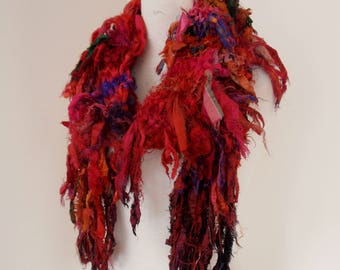 sale recycled silk scarf, hand knitted scarf, boho, tattered scarf in reds